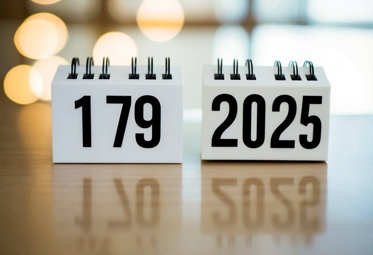 Um calendário mostrando os anos de 1979 e 2025, com um foco claro nas duas datas