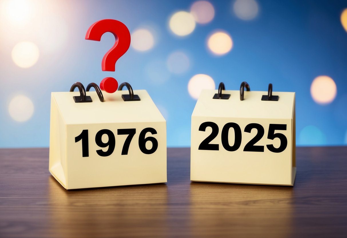 Um calendário mostrando os anos de 1976 e 2025 com um ponto de interrogação acima dele