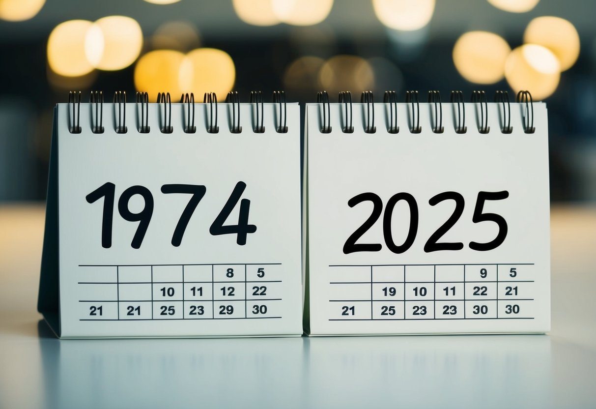 Uma página de calendário mostrando o ano de 1974 e o ano de 2025 com uma equação matemática simples escrita.