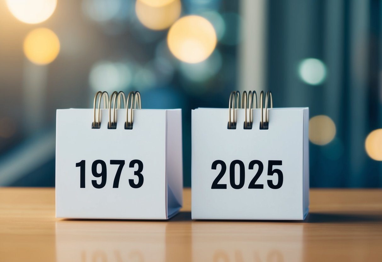 Um calendário mostrando os anos de 1973 e 2025 com uma representação visual clara da passagem do tempo