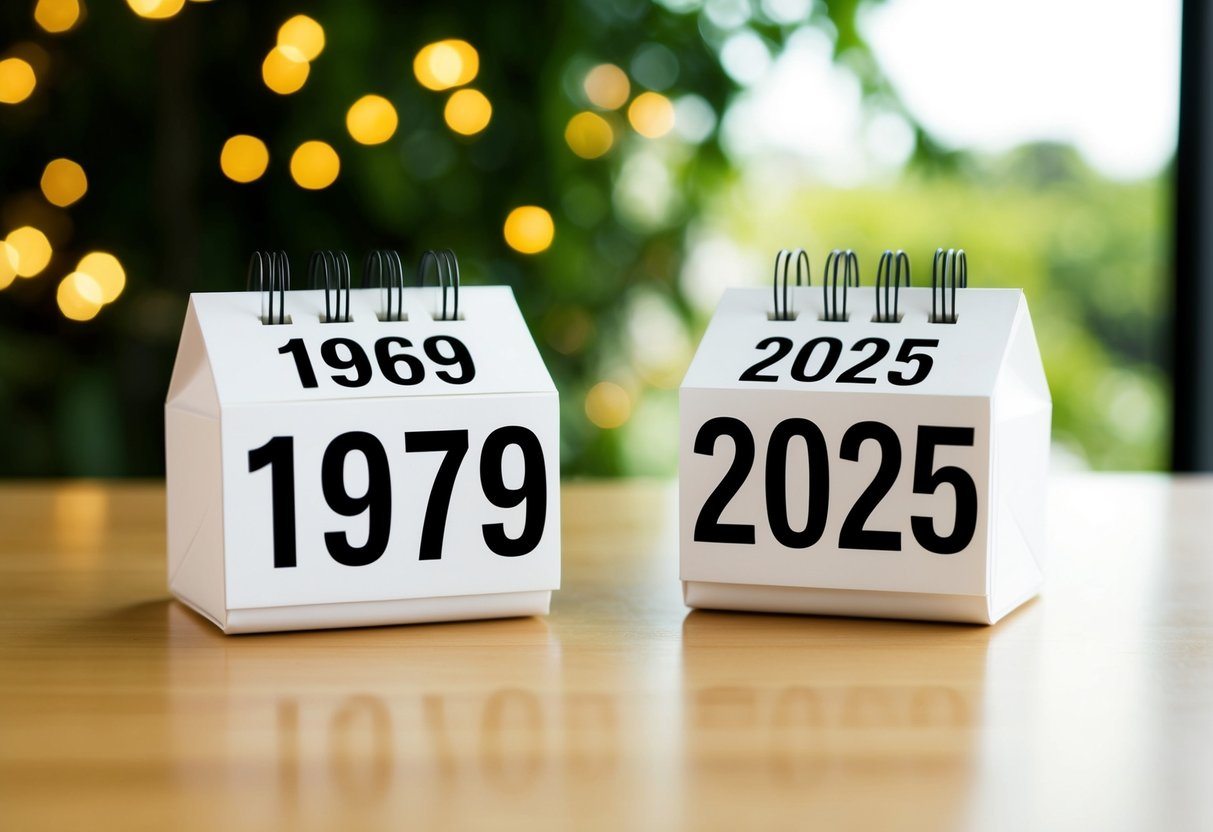 Um calendário mostrando os anos de 1969 e 2025 com um cálculo claro da diferença de idade
