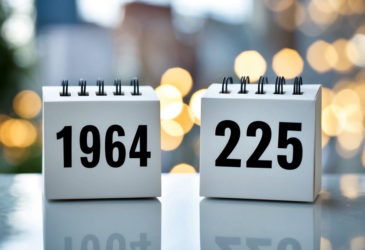 Um calendário mostrando os anos de 1964 e 2025, com um foco claro nas duas datas.