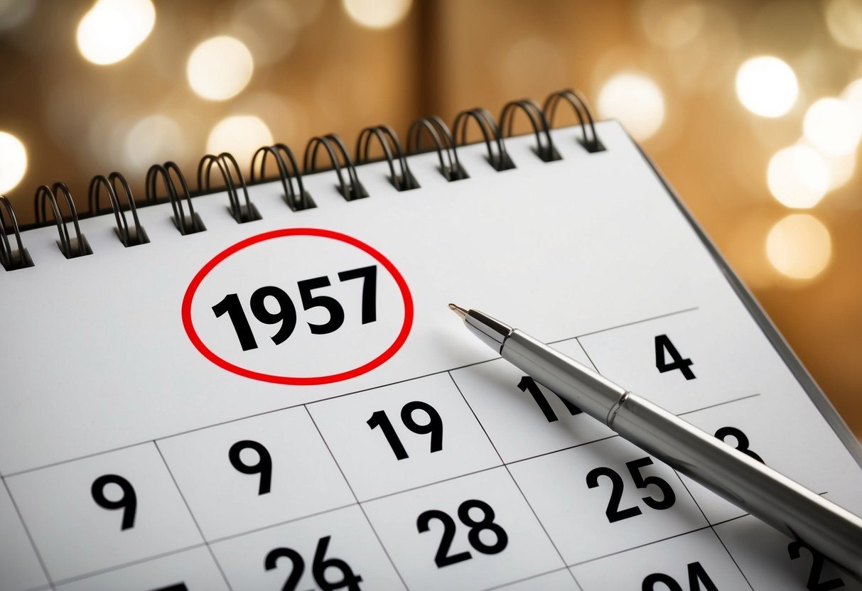 Um calendário com o ano de 1957 circulado e o ano de 2025 destacado