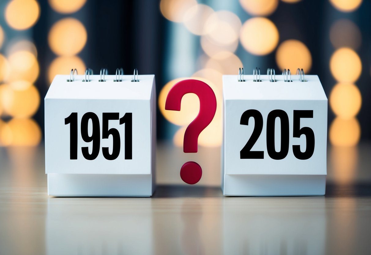 Um calendário mostrando os anos de 1951 e 2025 com um ponto de interrogação no meio