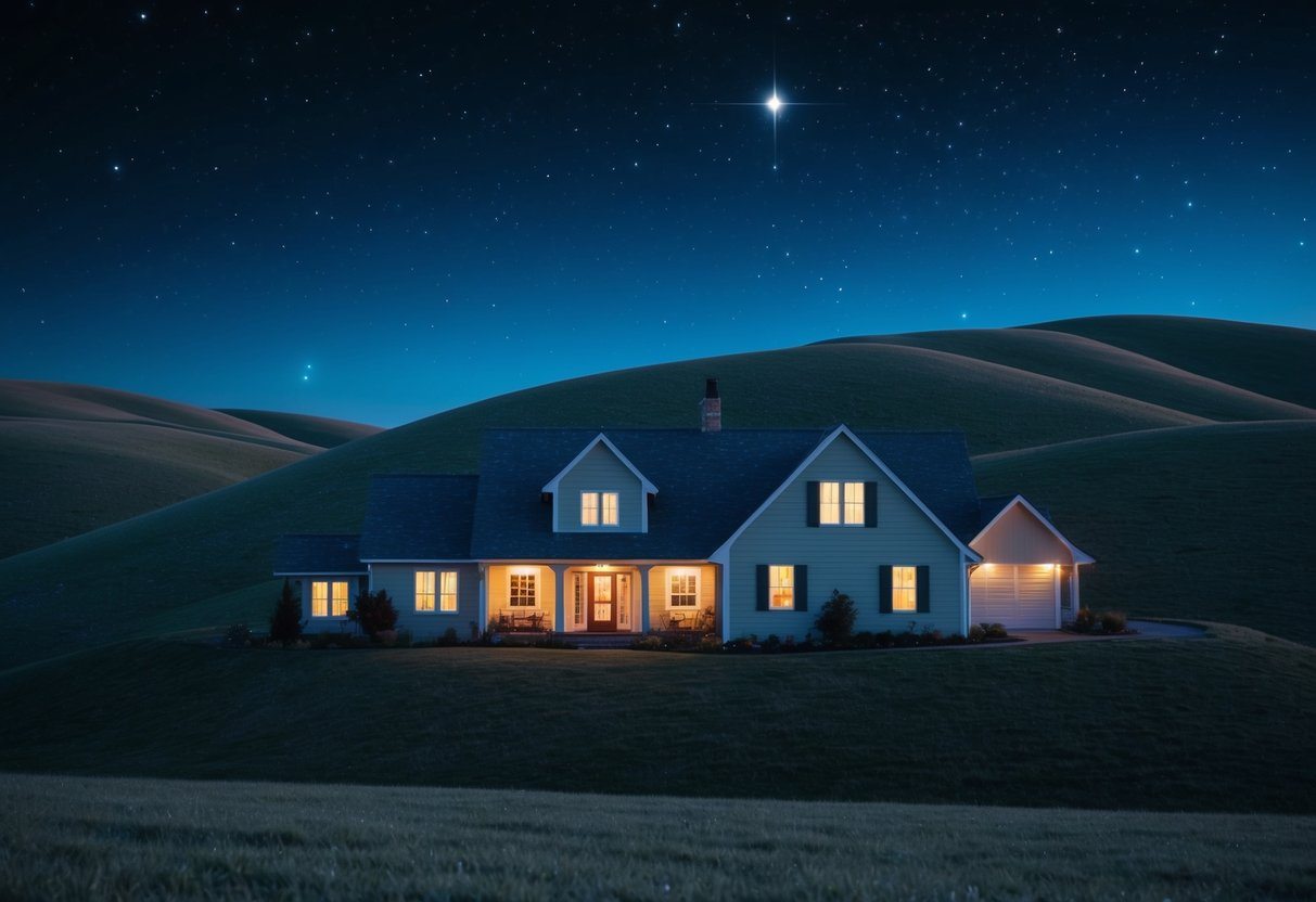 Uma casa aconchegante aninhada entre colinas suaves, com um brilho quente emanando das janelas em uma noite estrelada