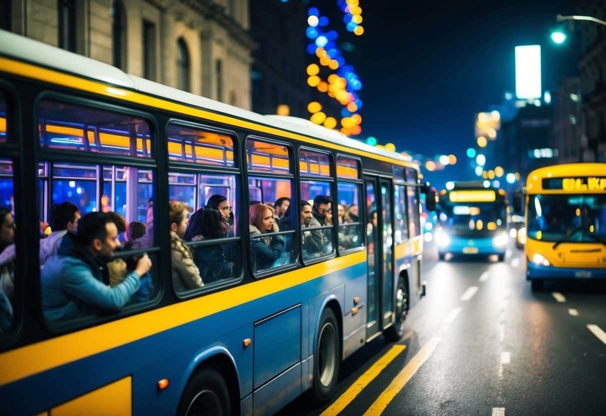Um ônibus lotado passando por uma cidade à noite, com luzes coloridas e pessoas olhando para fora das janelas.