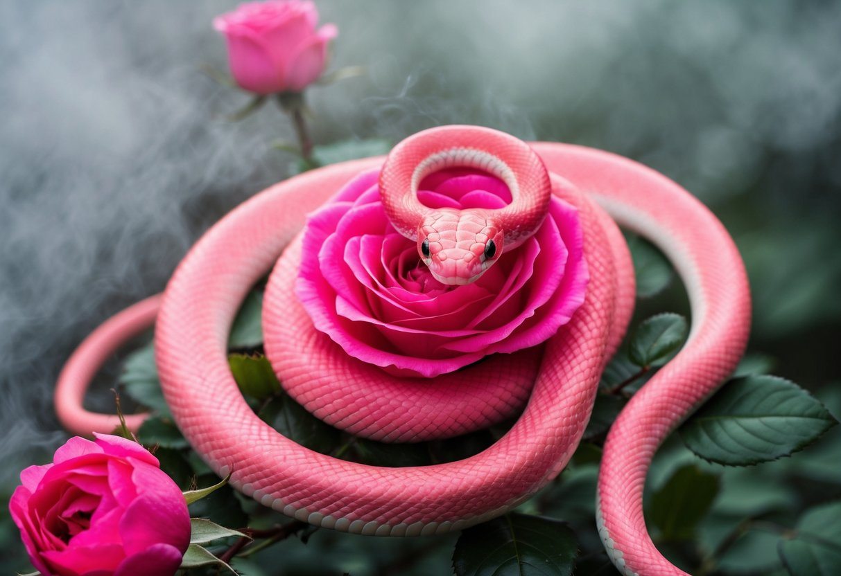 Uma cobra rosa se enrosca em uma rosa florescendo, cercada por névoa