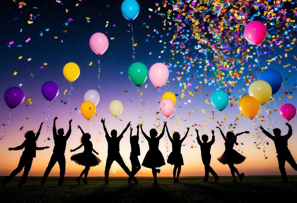 Uma cena de sonho colorida e vibrante com confetes, balões e silhuetas dançantes sob um céu estrelado