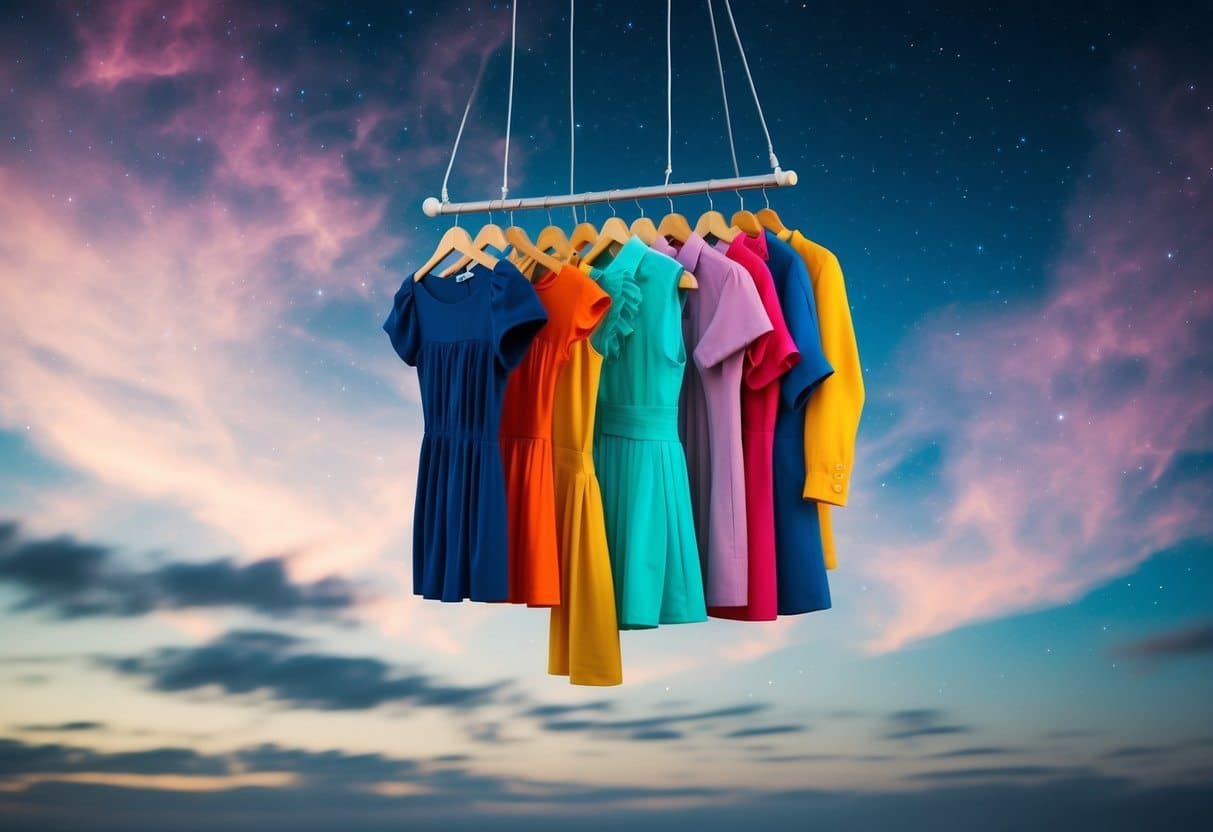 Um sonho de roupas: um guarda-roupa colorido flutuando em um céu surreal e estrelado