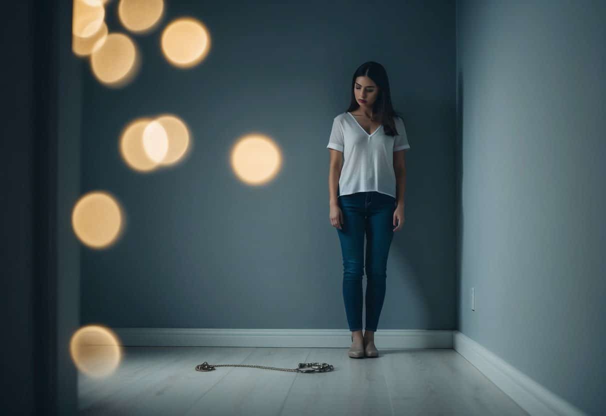 Uma mulher de pé sozinha em uma sala mal iluminada, olhando para um colar quebrado em forma de coração no chão