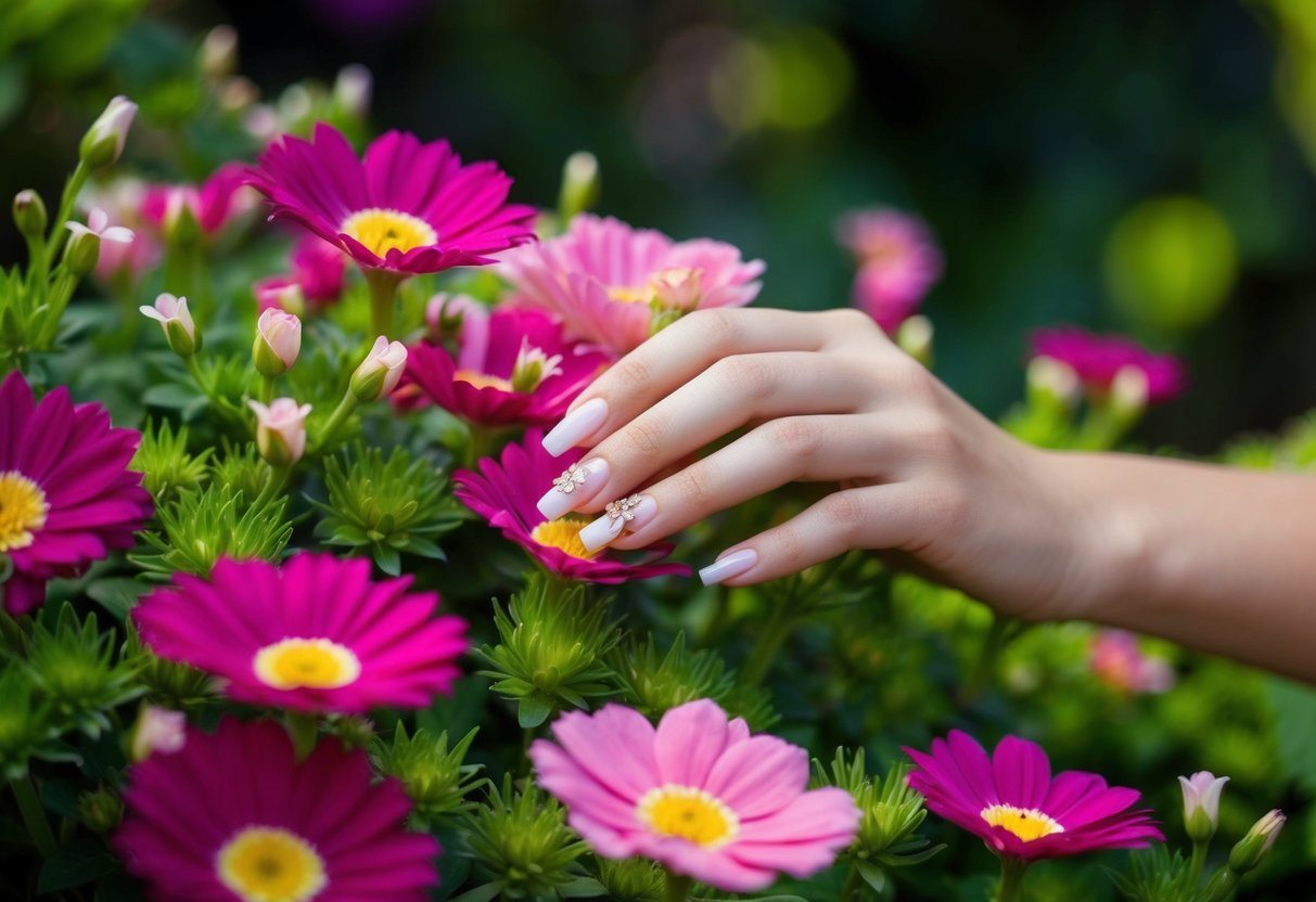Um sonho sobre unhas: um jardim exuberante com flores vibrantes, cada pétala adornada com unhas delicadas e perfeitamente feitas.