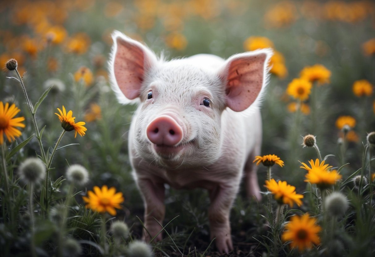 Um pequeno leitão sonhando em meio a um campo de flores silvestres