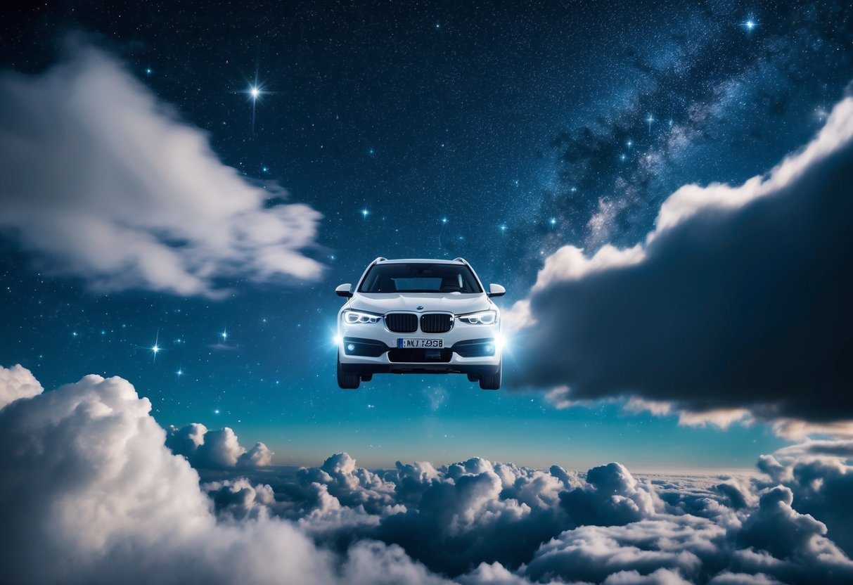 Um carro voando através de um céu noturno estrelado, cercado por nuvens flutuantes e estrelas cintilantes