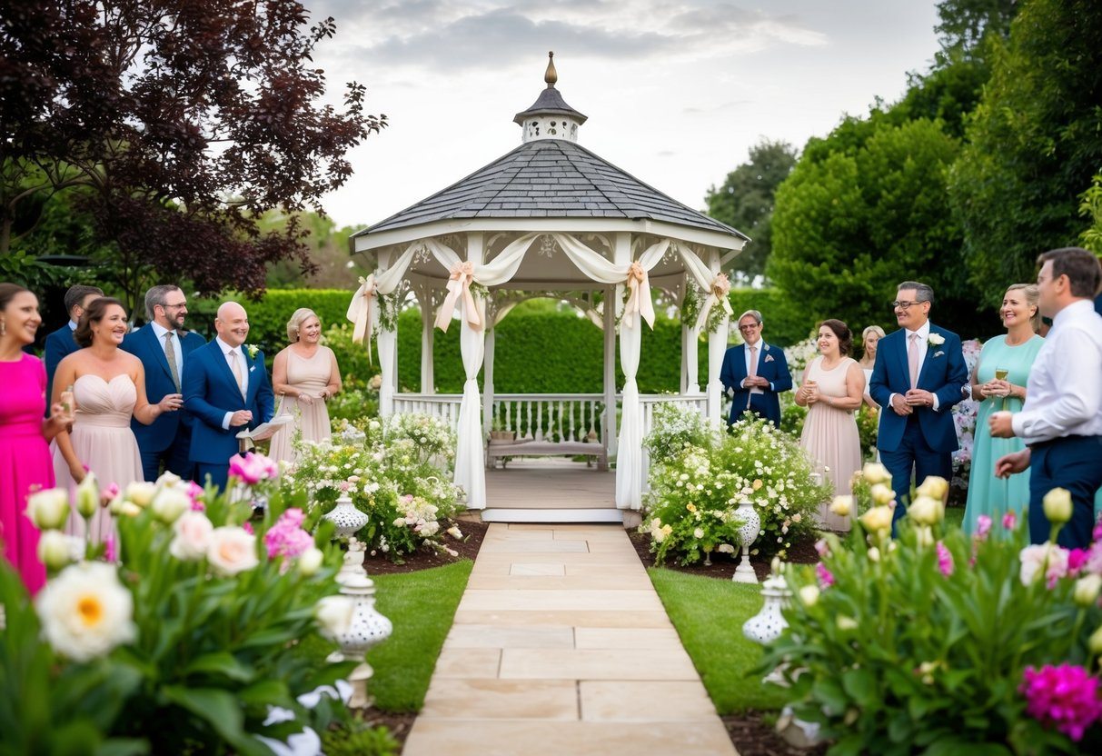 Um jardim sereno com flores em flor e um belo gazebo adornado com fitas e rendas, cercado por convidados alegres