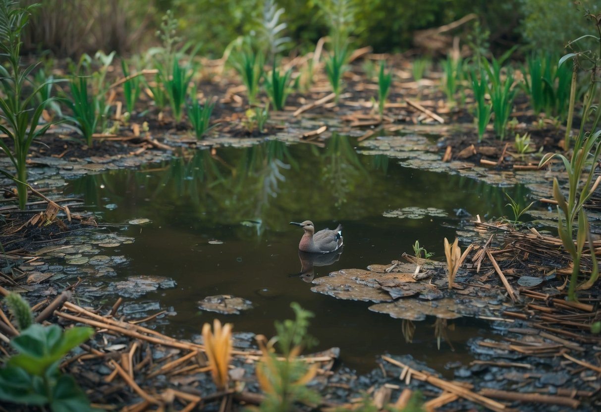 Um lago turvo cercado por plantas murchas e detritos