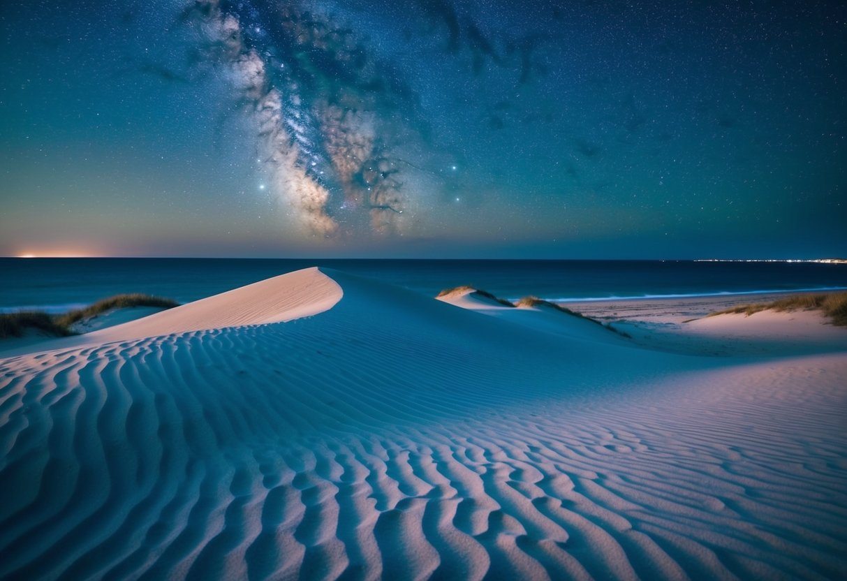 Uma cena de praia dos sonhos com dunas de areia ondulantes e uma costa distante sob um céu noturno estrelado