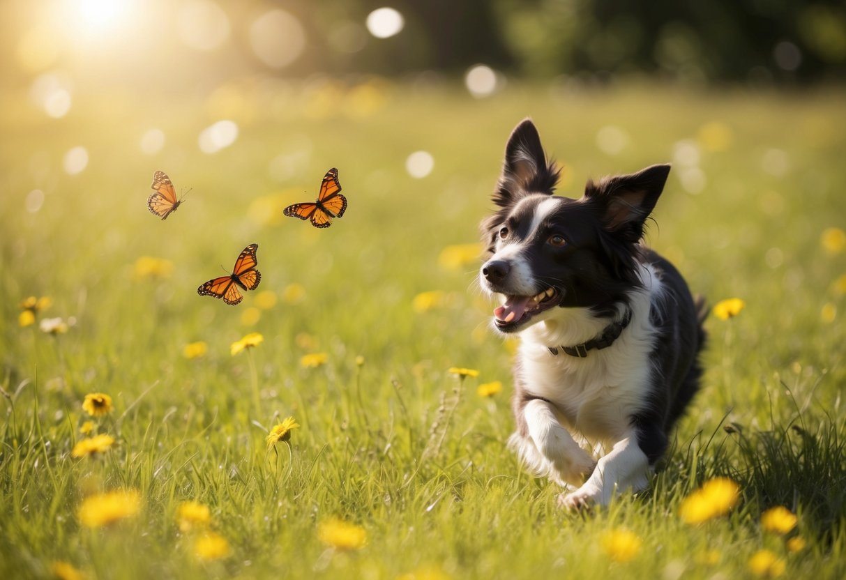 Um cachorro sonhando em perseguir borboletas em um prado iluminado pelo sol