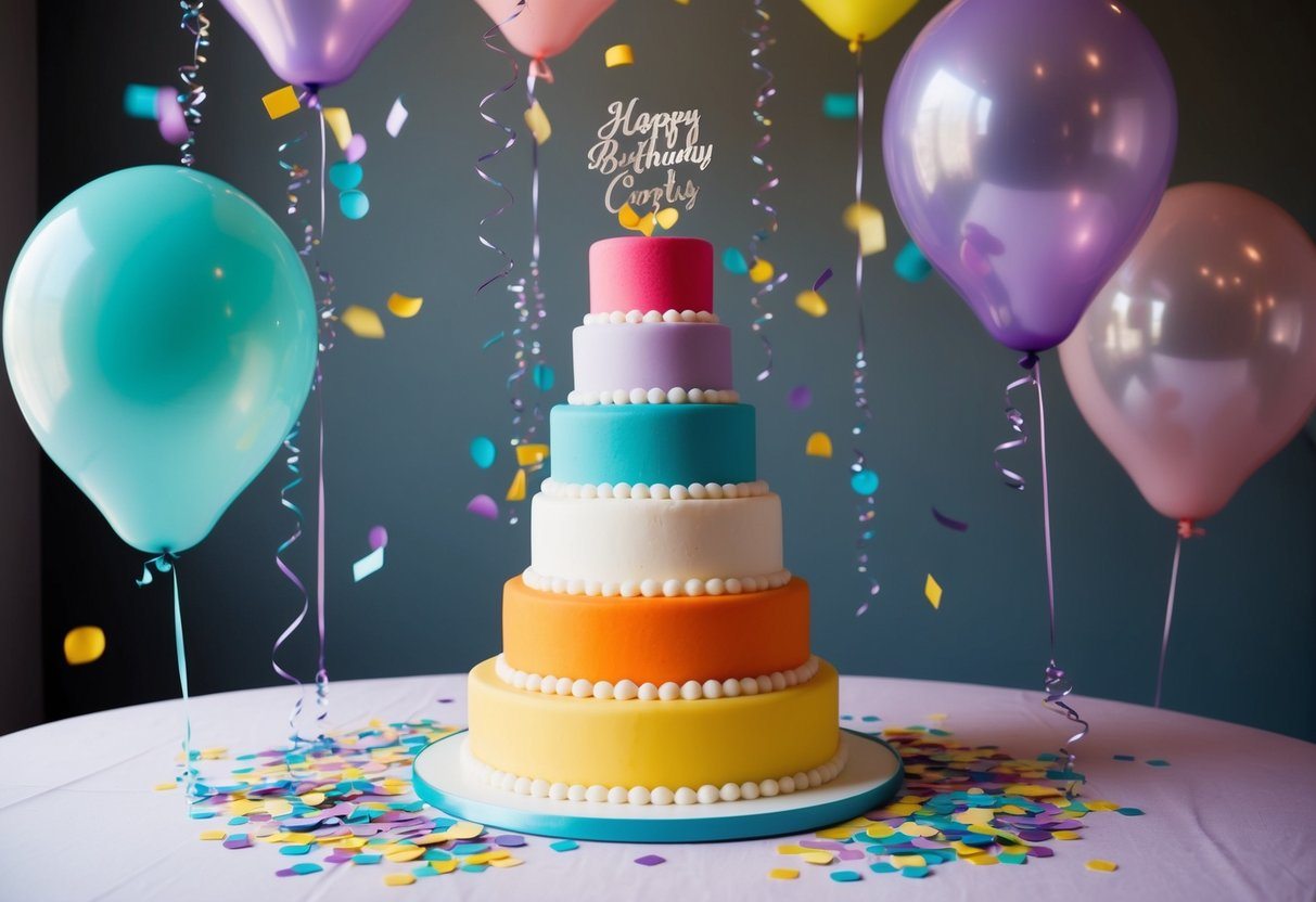 Uma cena de sonho de um bolo colorido e imponente cercado por balões flutuantes e confetes