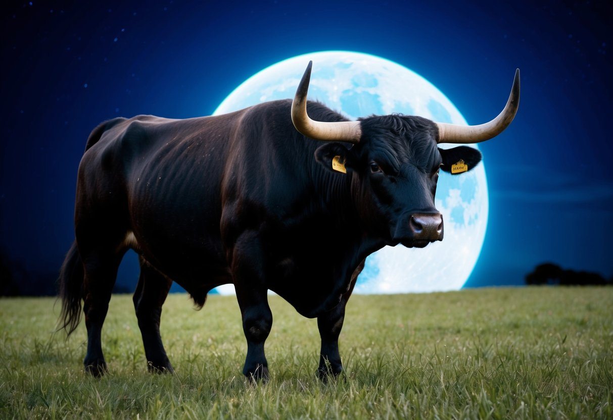 Um touro negro se ergue majestoso em um campo iluminado pela lua, sua forma poderosa destacada contra o céu noturno.