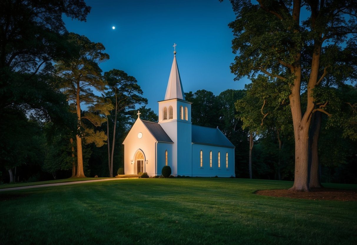 Uma igreja católica pacífica, iluminada pela lua, aninhada entre altas árvores em um cenário rural sereno