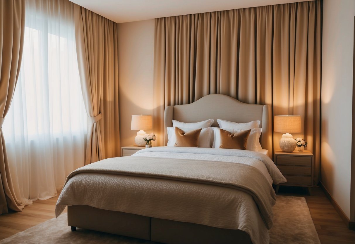Um quarto dos sonhos com uma cama aconchegante cercada por cortinas macias e esvoaçantes e uma iluminação quente e convidativa.