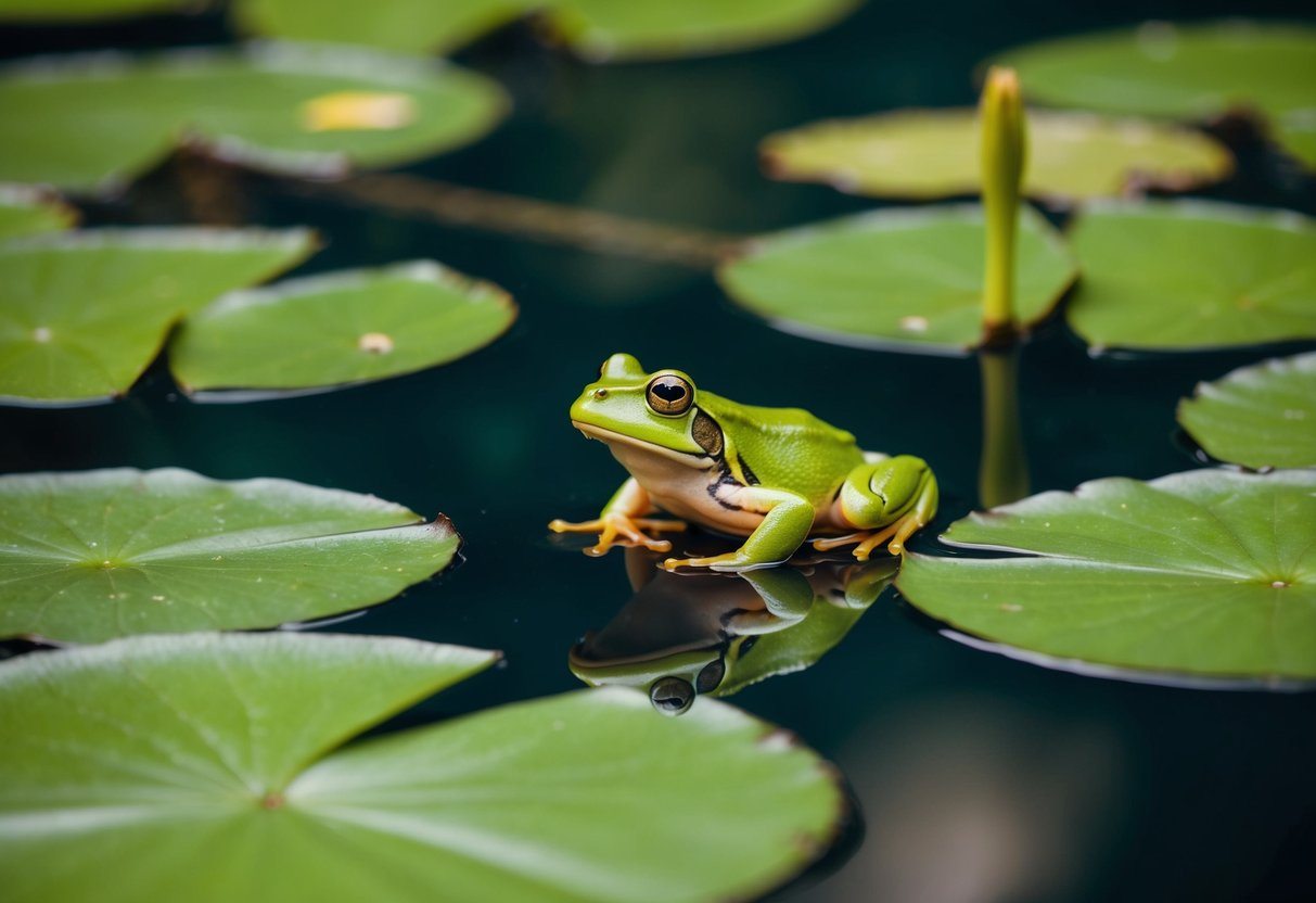 Um sonho com uma rã simboliza renovação e transformação. Ilustre um lago sereno com folhas de vitória-régia e uma rã descansando em uma delas.