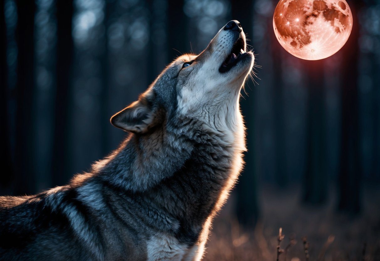 Um sonho com sangue: um lobo solitário uivando sob uma lua vermelha como sangue em uma floresta escura