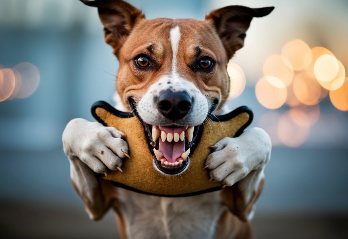 Um cachorro mordendo ferozmente um objeto em forma de mão, com dentes cerrados e uma expressão ameaçadora