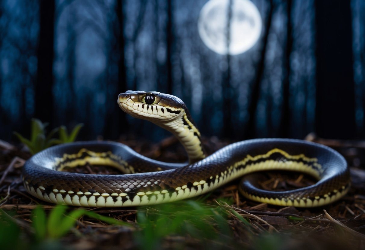 Uma cobra desliza por uma floresta escura, suas escamas brilhando à luz da lua enquanto se move silenciosamente pela vegetação.
