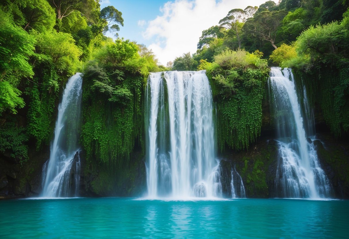 Uma cachoeira em cascata cercada por vegetação exuberante e fluindo para uma piscina de água cristalina