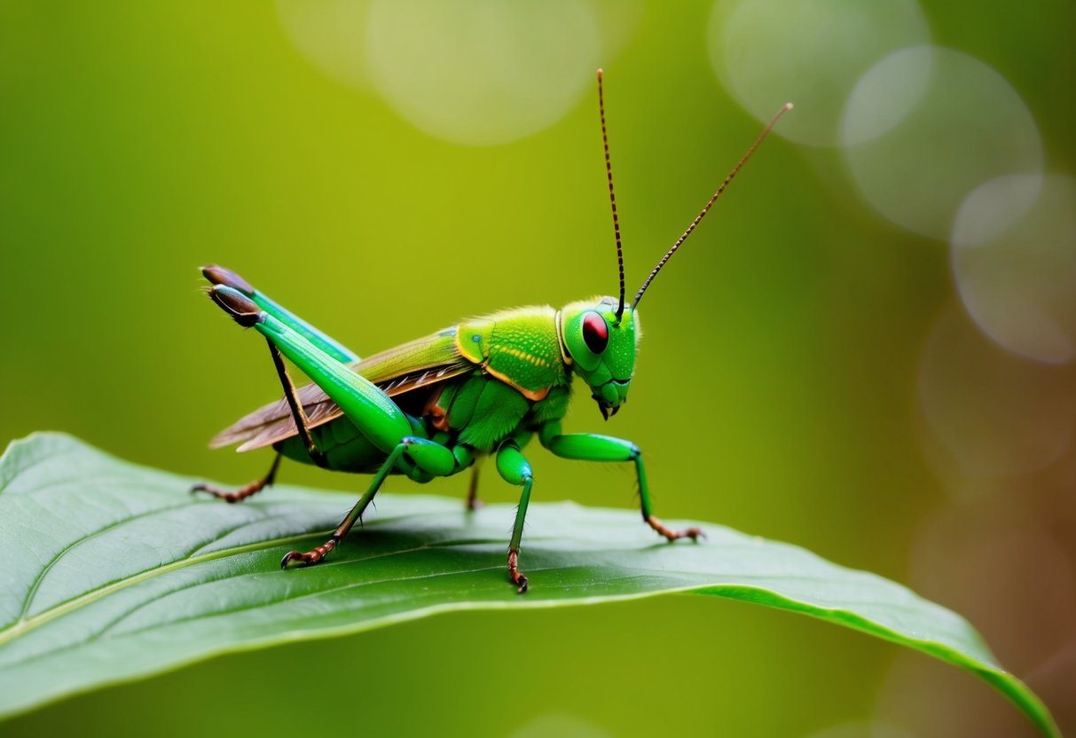 Um grilo verde brilhante empoleirado em uma folha, simbolizando boa sorte e prosperidade