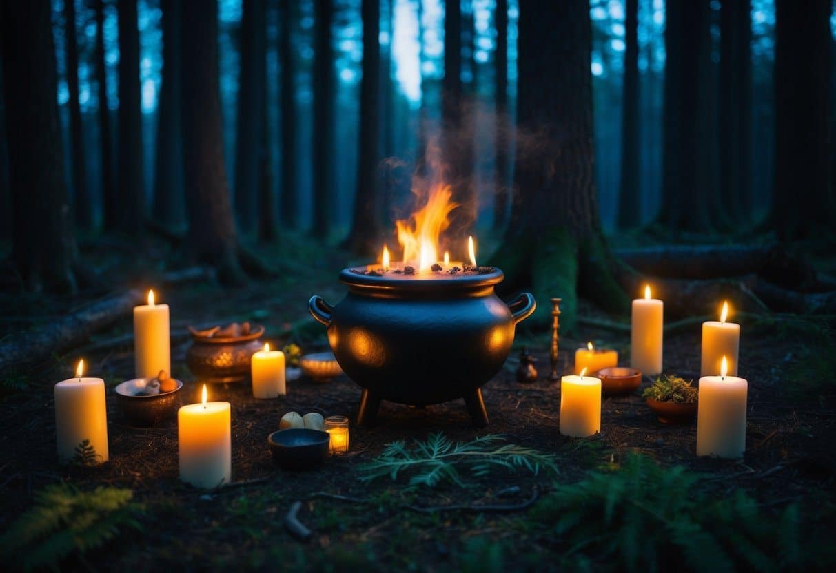 Uma clareira escura na floresta com velas, ervas e objetos rituais espalhados ao redor de um caldeirão central que emite um brilho misterioso