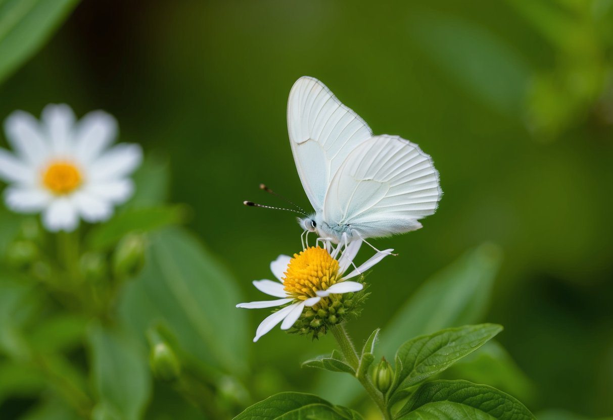 Uma borboleta branca pousou em uma flor delicada, cercada por folhagem verde exuberante.