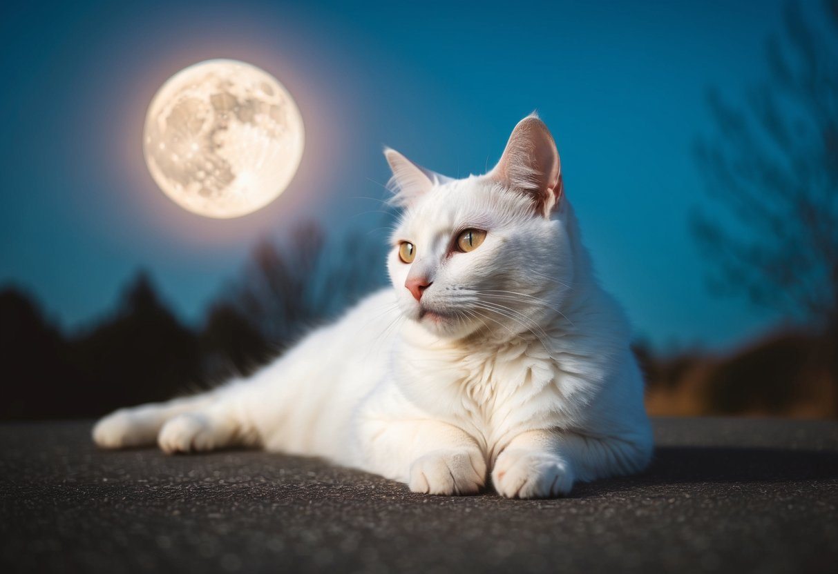 Um gato branco sonhando sob a lua cheia