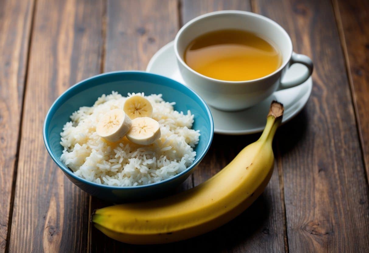 Uma tigela de arroz com uma banana e uma xícara de chá de camomila em uma mesa de madeira