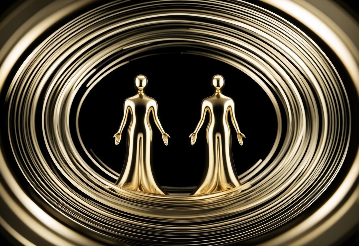 Duas figuras cercadas por um padrão em espiral de linhas interconectadas, representando o conceito de relacionamento kármico