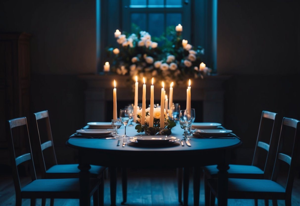 Uma sala mal iluminada com uma mesa posta para uma refeição, cercada por cadeiras vazias e velas tremeluzentes. Um leve perfume de flores paira no ar.