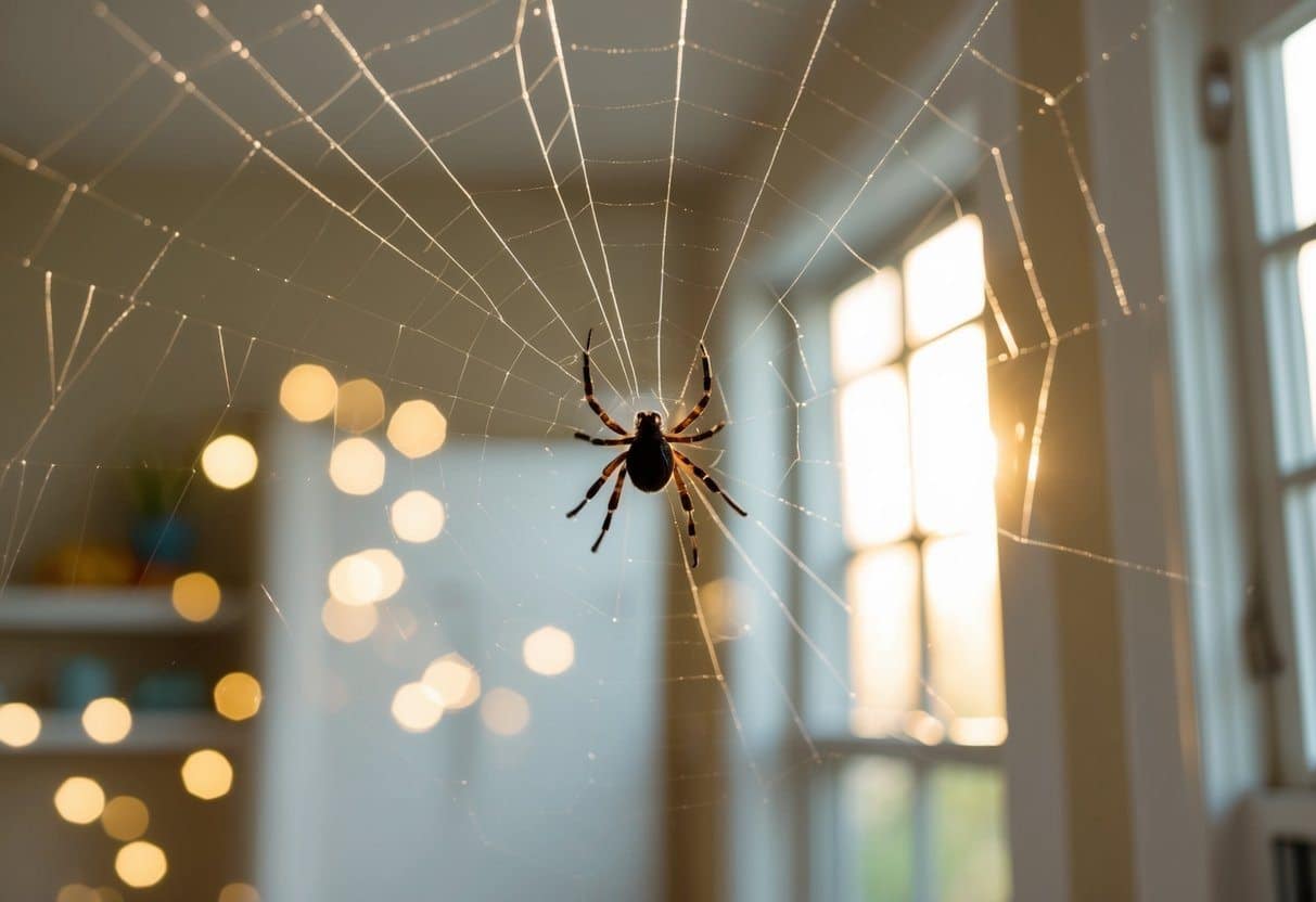 Uma aranha aparece dentro de uma casa aconchegante, tecendo uma delicada teia pelo teto e capturando o suave brilho da luz do sol filtrando pela janela.