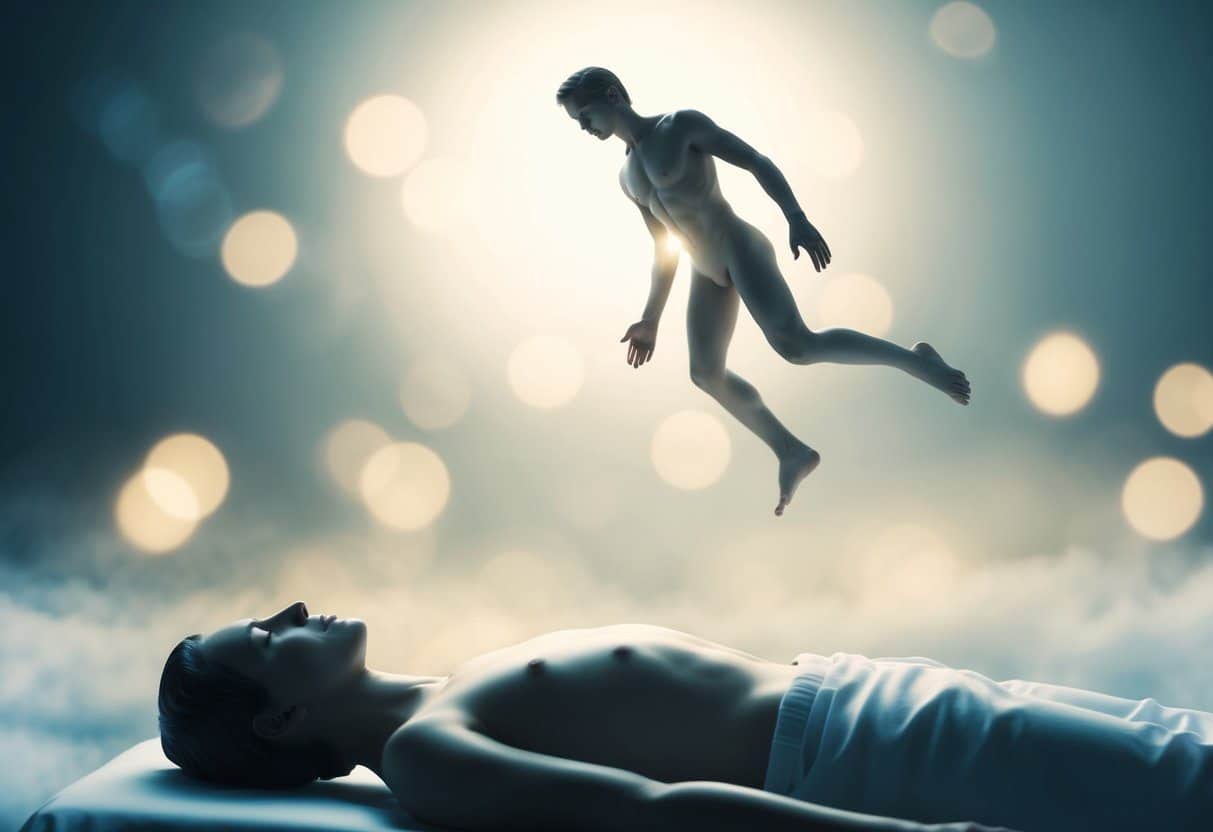 Uma figura flutuando acima de seu próprio corpo sem vida, cercada por uma luz etérea e uma sensação de paz