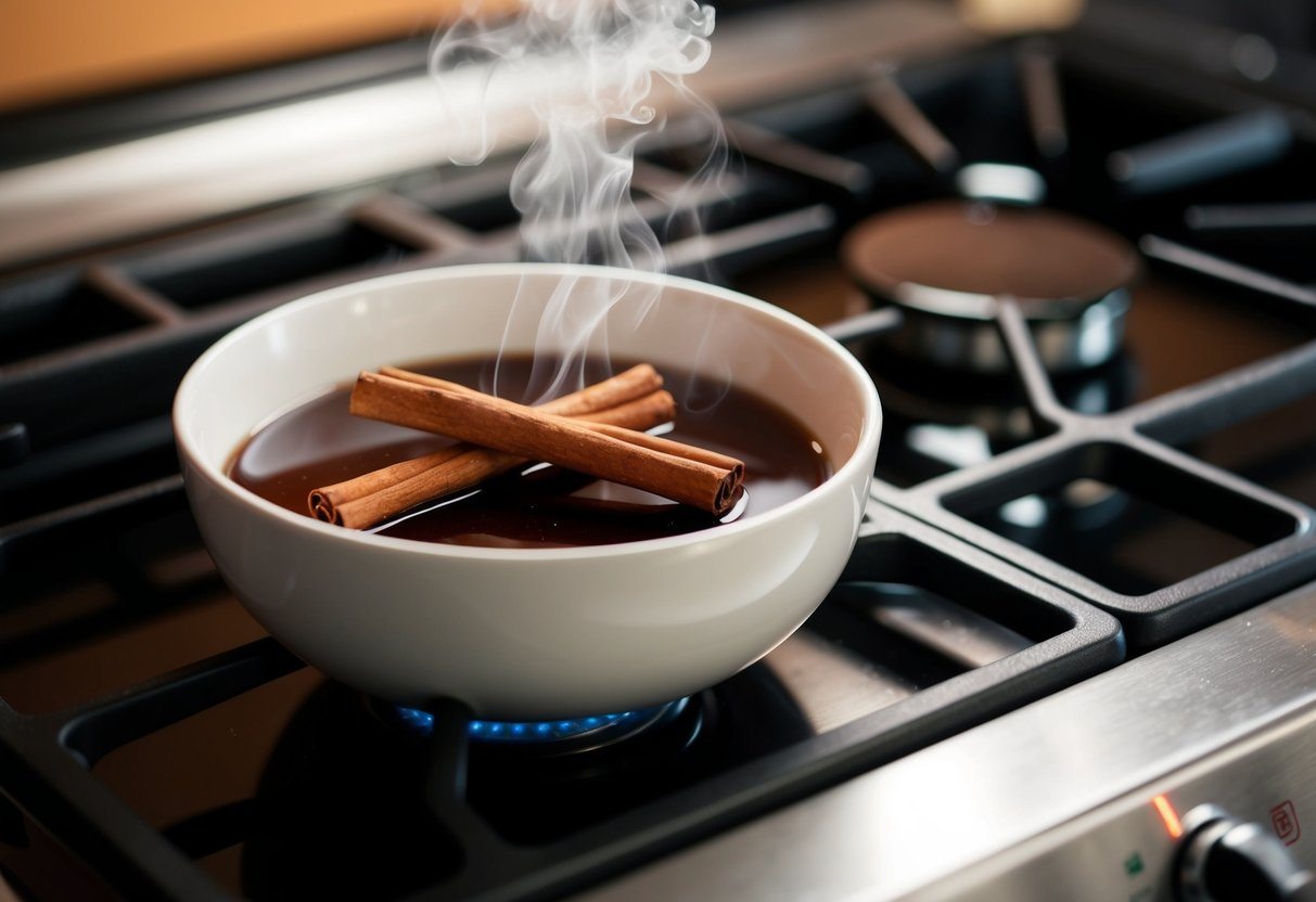 Uma tigela de paus de canela e água fumegante em um fogão