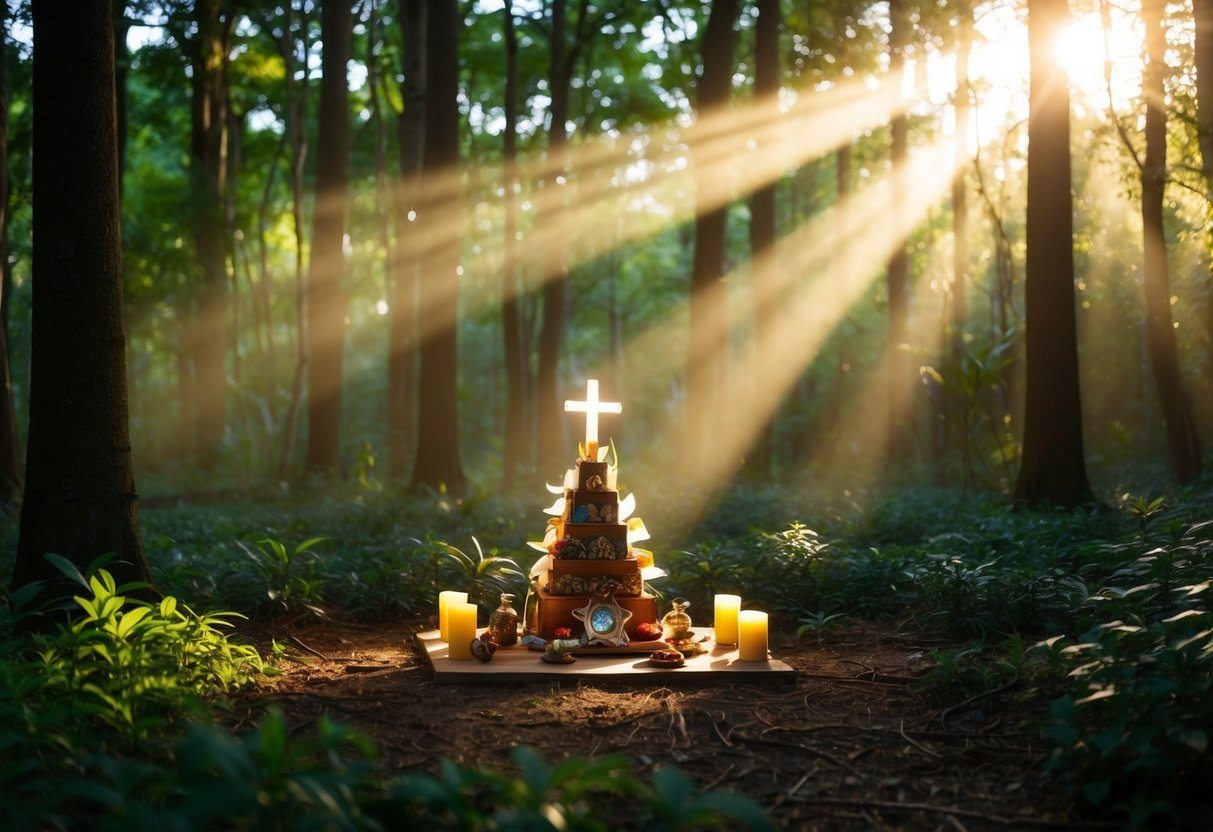 Uma clareira serena na floresta com a luz do sol filtrando pela copa das árvores, iluminando um pequeno altar adornado com oferendas e símbolos de vários orixás.