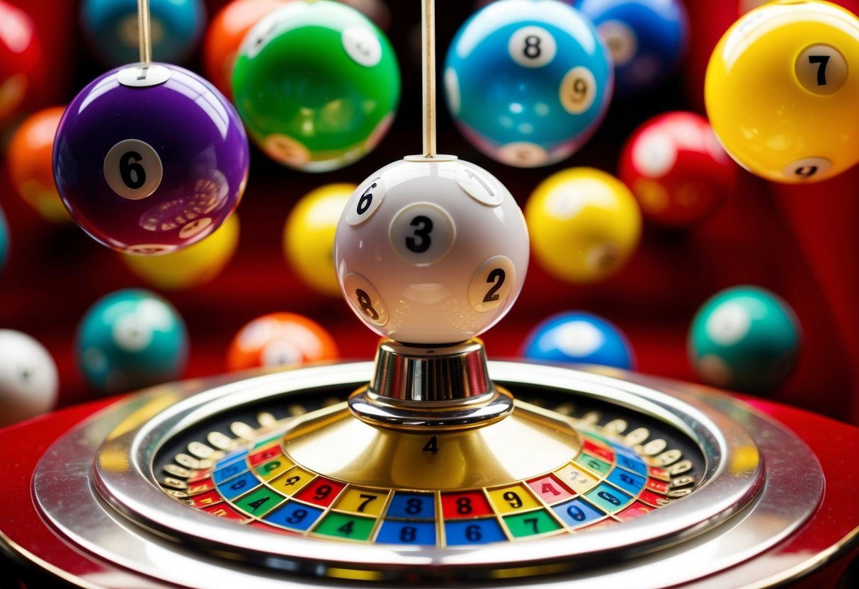 Uma máquina de loteria colorida com 18 bolas numeradas sendo sorteadas