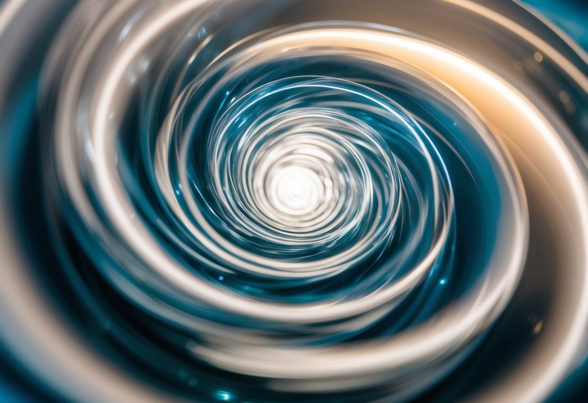 Um vórtice giratório de tempo e energia, com camadas sobrepostas de vidas passadas e datas de nascimento
