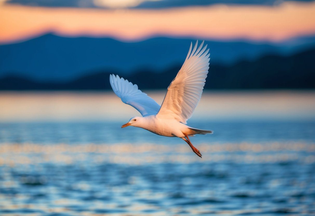 Um pássaro branco voando sobre um lago azul calmo ao pôr do sol