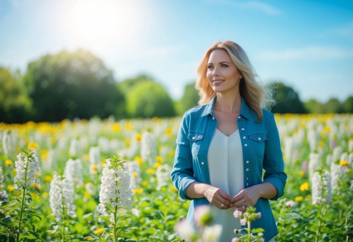 Uma mulher em pé em um campo de flores em flor sob um céu claro e ensolarado