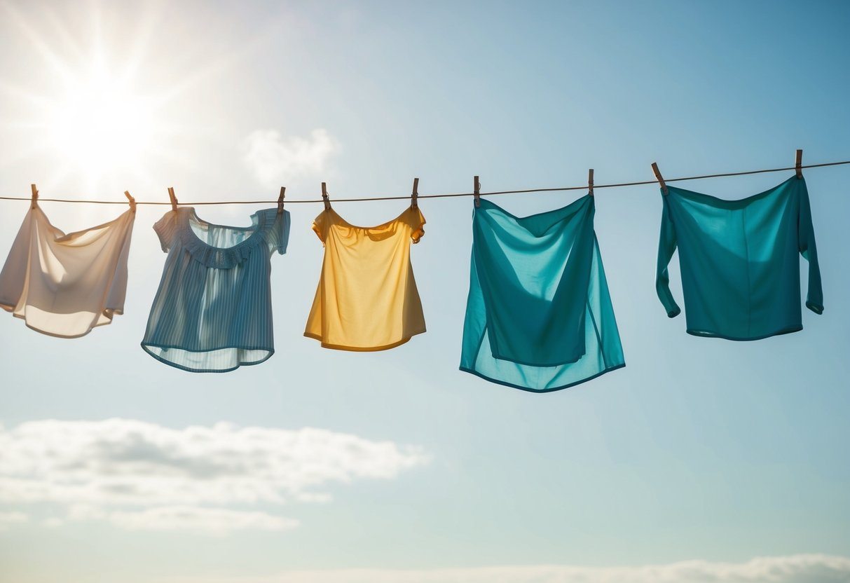 Uma cena de sonho de roupas penduradas em um varal, balançando suavemente na brisa sob um céu claro e ensolarado