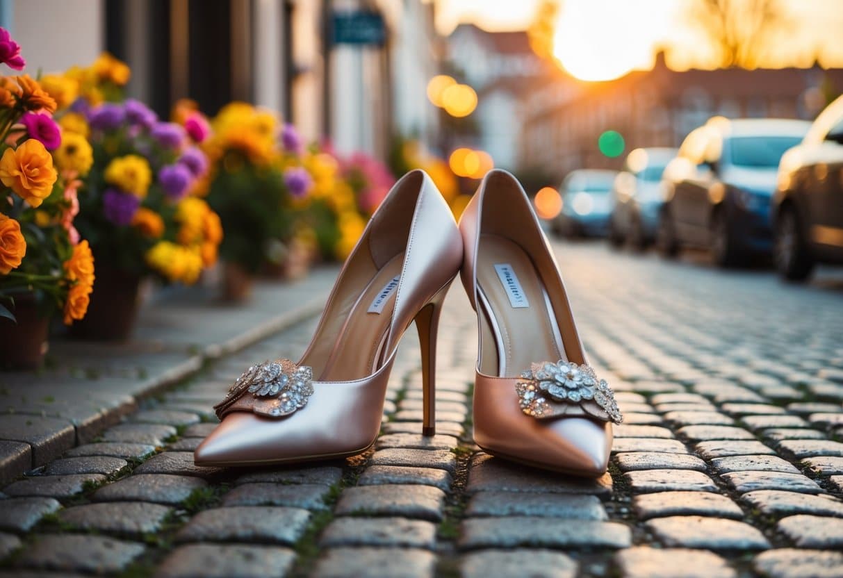 Um sonho de sapatos: um par de saltos elegantes em uma rua de paralelepípedos, cercado por flores coloridas e um pôr do sol quente e dourado