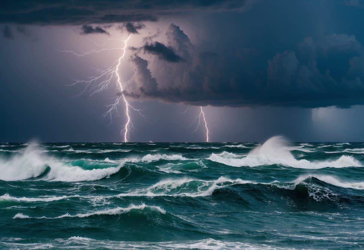 Um mar tempestuoso se agita com ondas quebrando, nuvens escuras pairam acima, e relâmpagos atingem à distância, criando uma sensação de caos e tumulto.