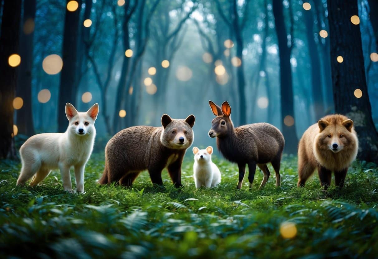 Uma cena de sonho com vários animais em uma floresta mística, cada um representando significados diferentes no mundo dos sonhos