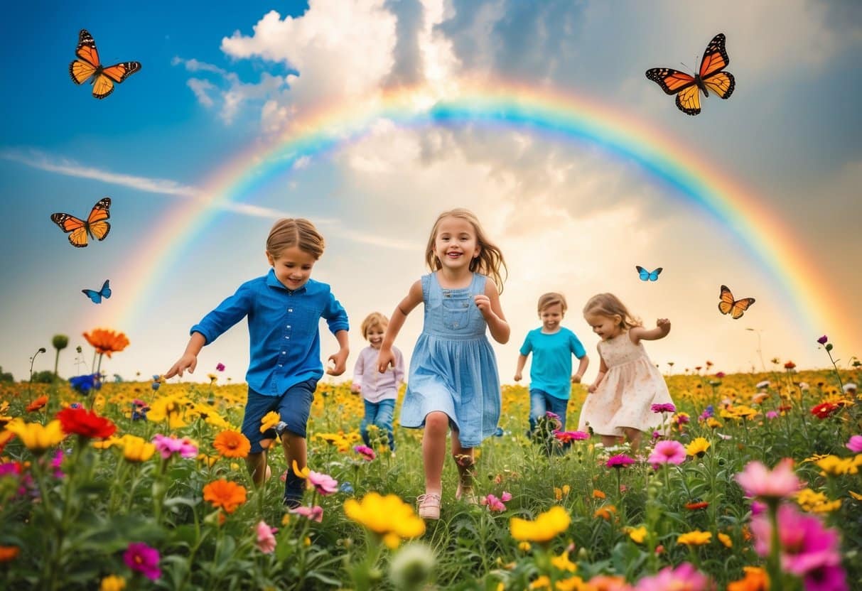 Um grupo de crianças brincando em um campo, cercado por flores coloridas e borboletas, com um arco-íris brilhante no céu acima